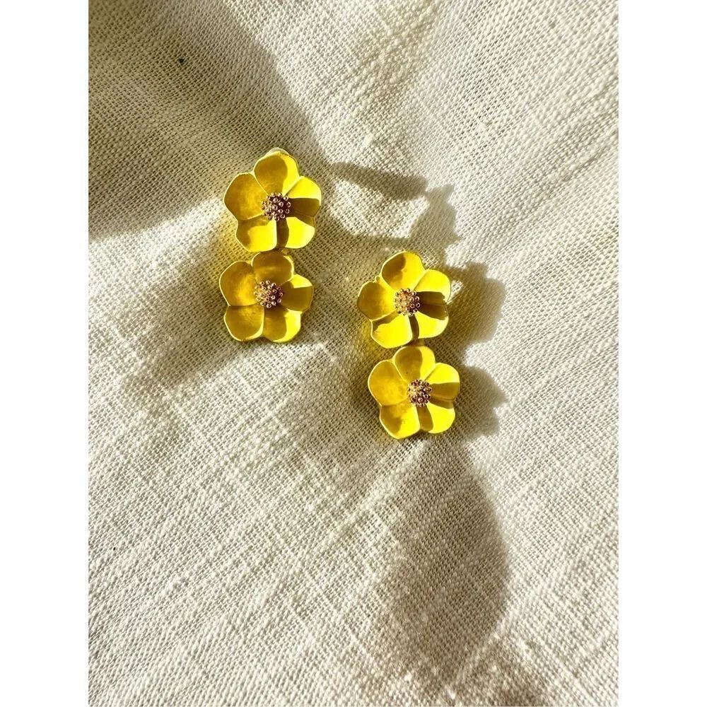 Yellow double flower dangle stud earrings
